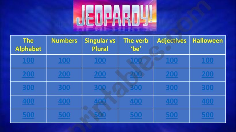Jeopardy (categories The Alphabet, Numbers, Plural v Sing., BE, & Adjectives)