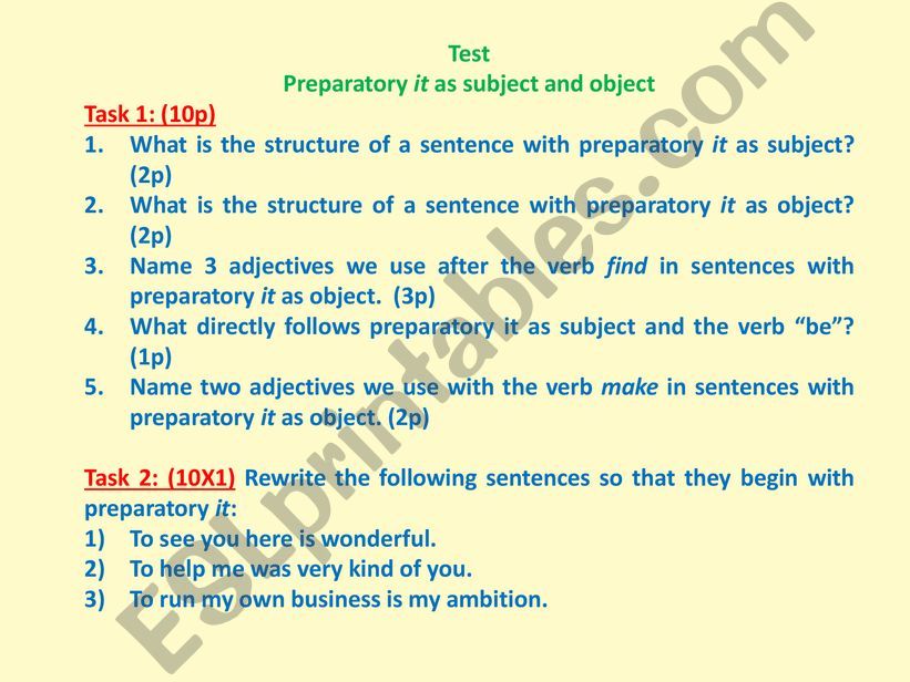 preparatory it as subject and object