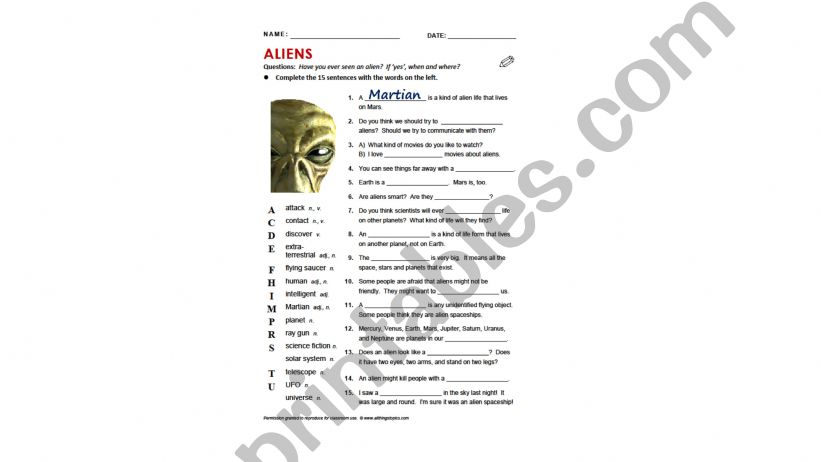 Aliens worksheet powerpoint