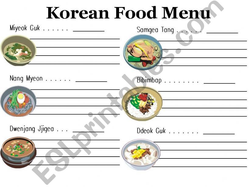 korean food menu english