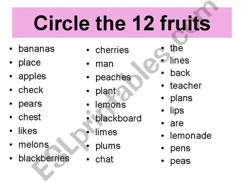 reading comprehension - identifying words for fruits