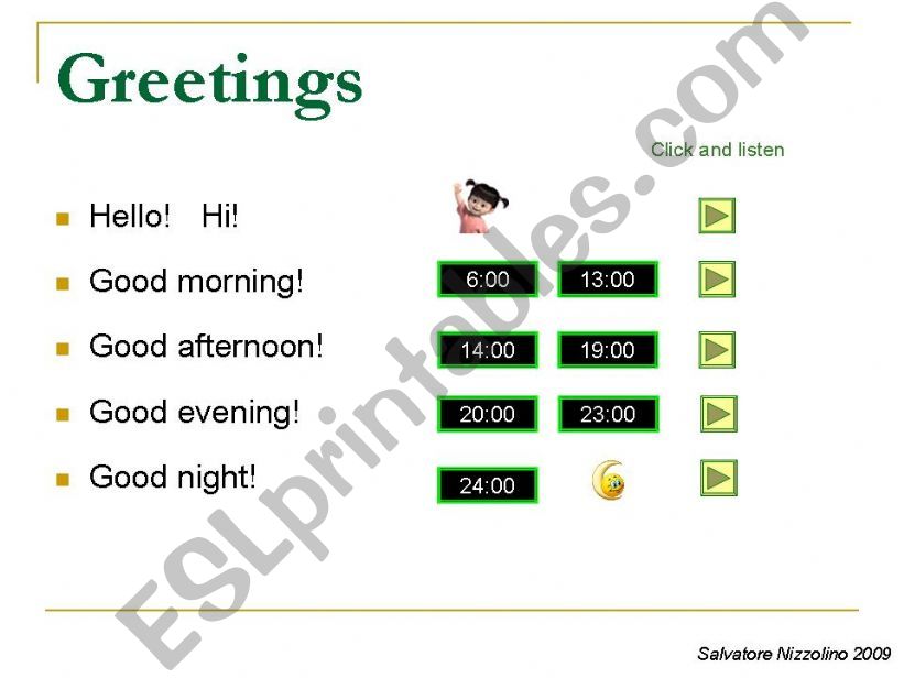 Greetings with pronunciation (Interactive sound)
