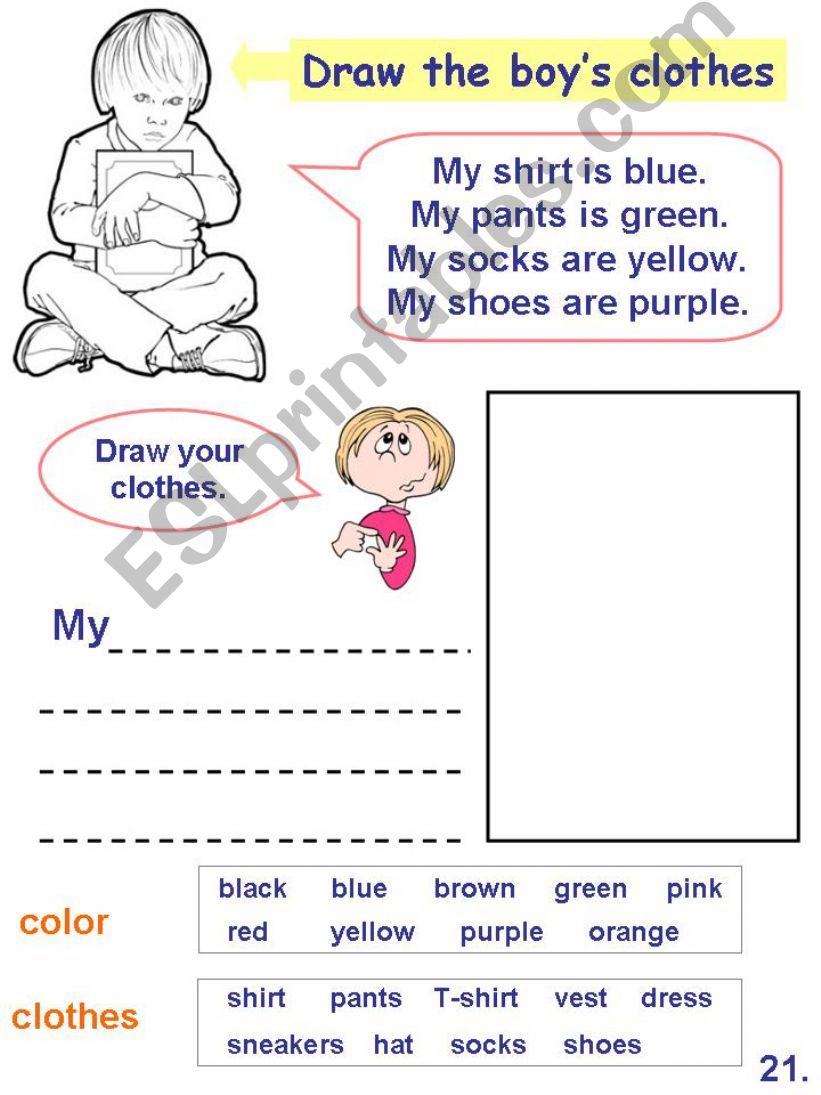 drawing and make a sentence (color and clothes)