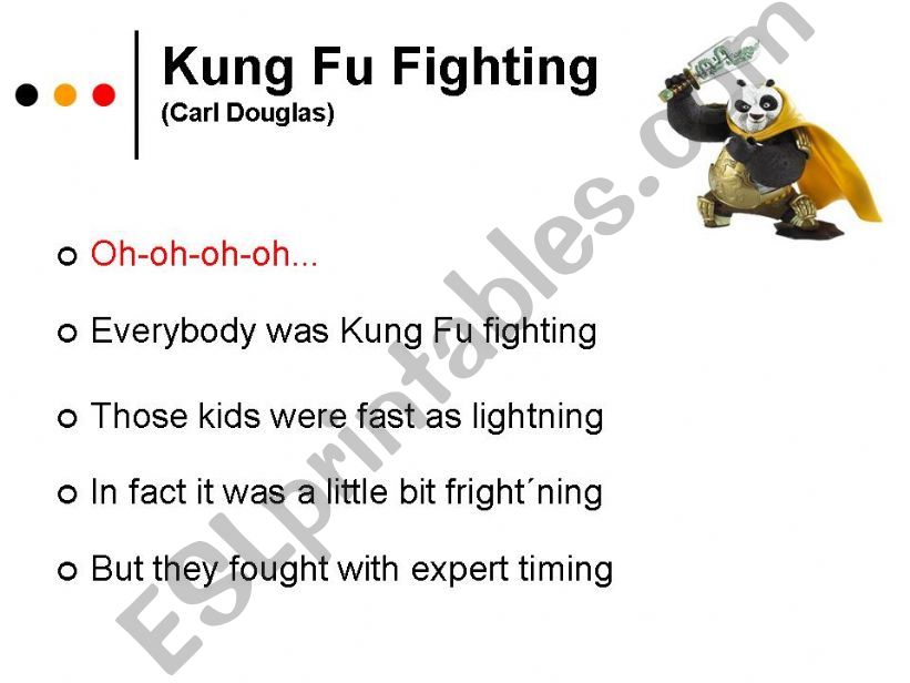 English worksheets: Kung Fu Panda song Everybody was kung fu fighting  Carl Douglas version