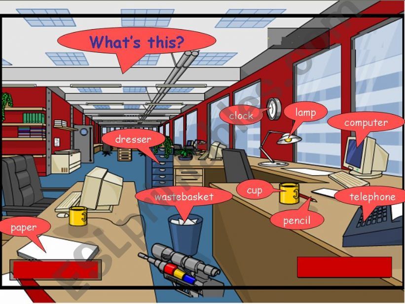 objects and prepositions in the office.