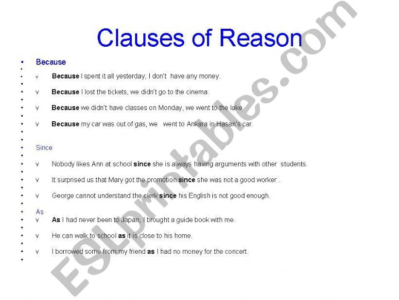 Adverbial Clauses of Reason powerpoint