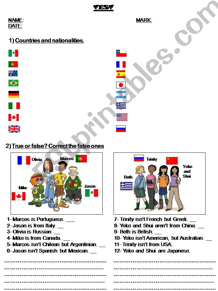 test about verb to be- countries- nationalities