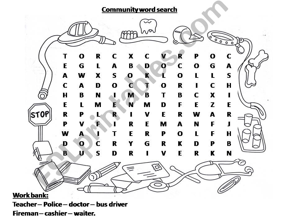 ESL English PowerPoints WORD SEARCH COMMUNITY HELPERS