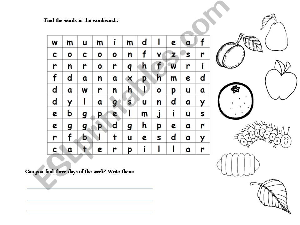 ESL English PowerPoints The Very Hungry Caterpillar Wordsearch