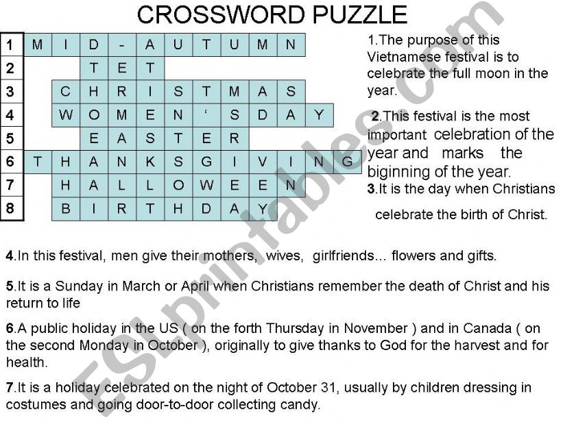 ESL English PowerPoints: crossword for celebrations