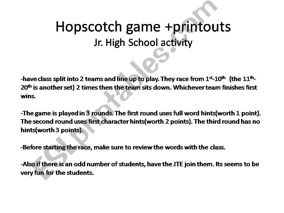 Hopscoth game- learning 1st-20th