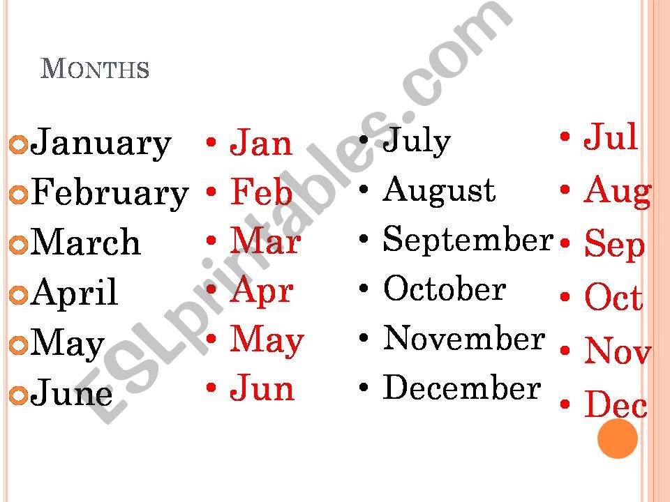 Months and holidays powerpoint