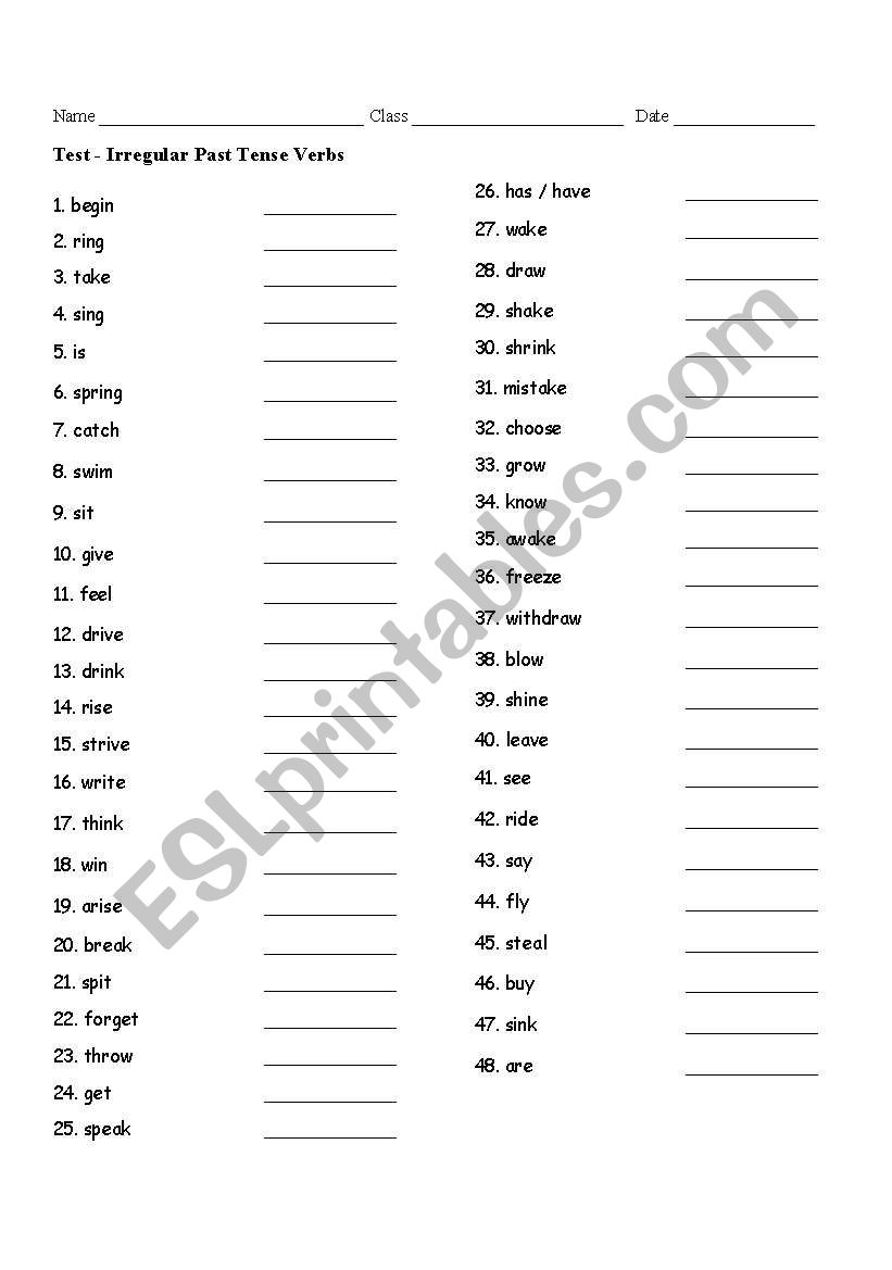 English Worksheets Irregular Verbs Test