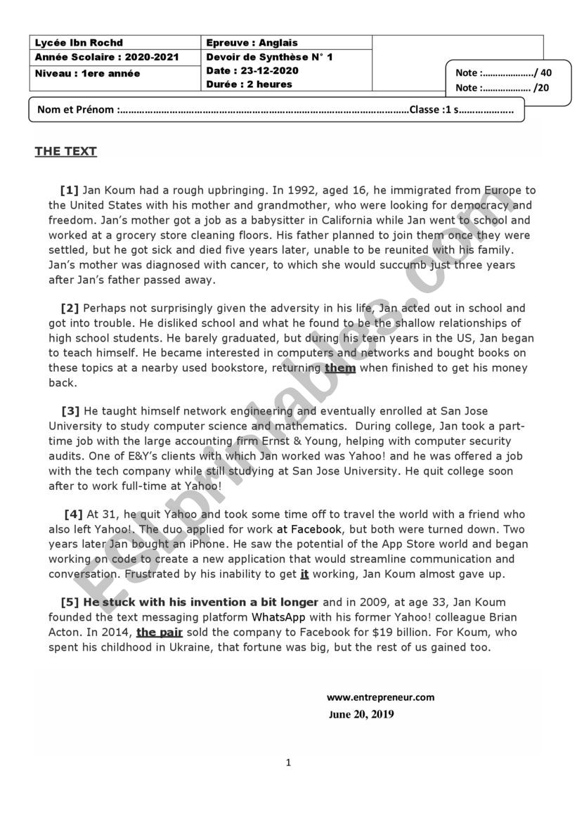 Full Term Test N1 1st Form ESL Worksheet By Chahinouza