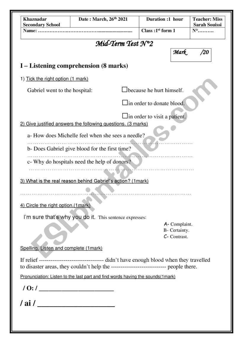 Mid Semester Test First Form Esl Worksheet By Ssouissi