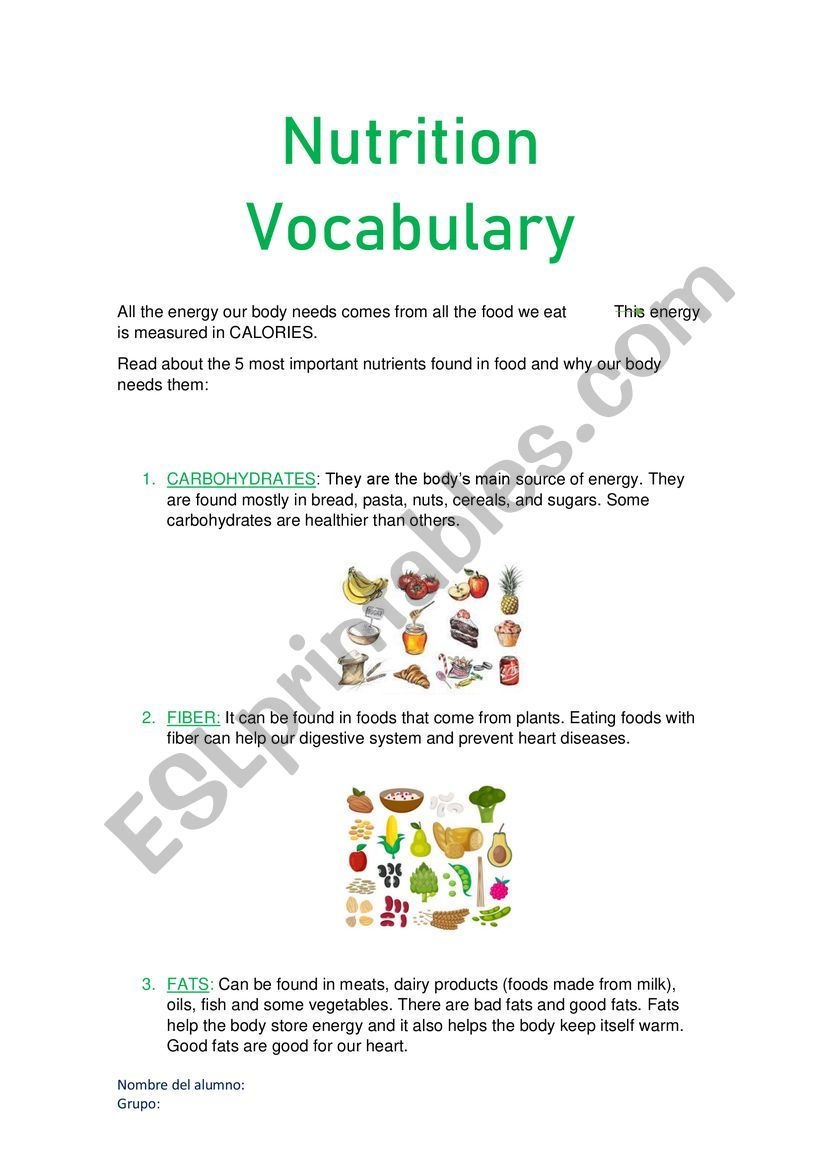 Nutrients ESL Worksheet By Vale82