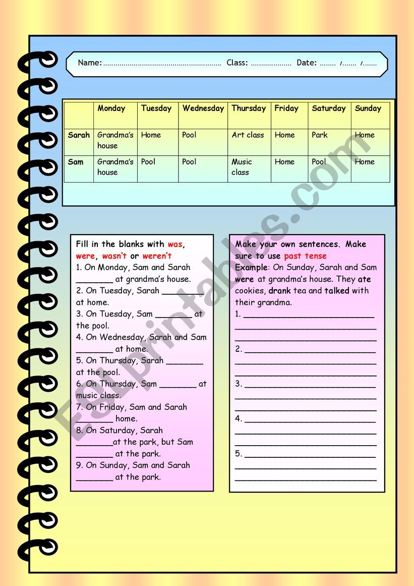 Simple past tense was were wasnï½t werenï½t ESL worksheet by