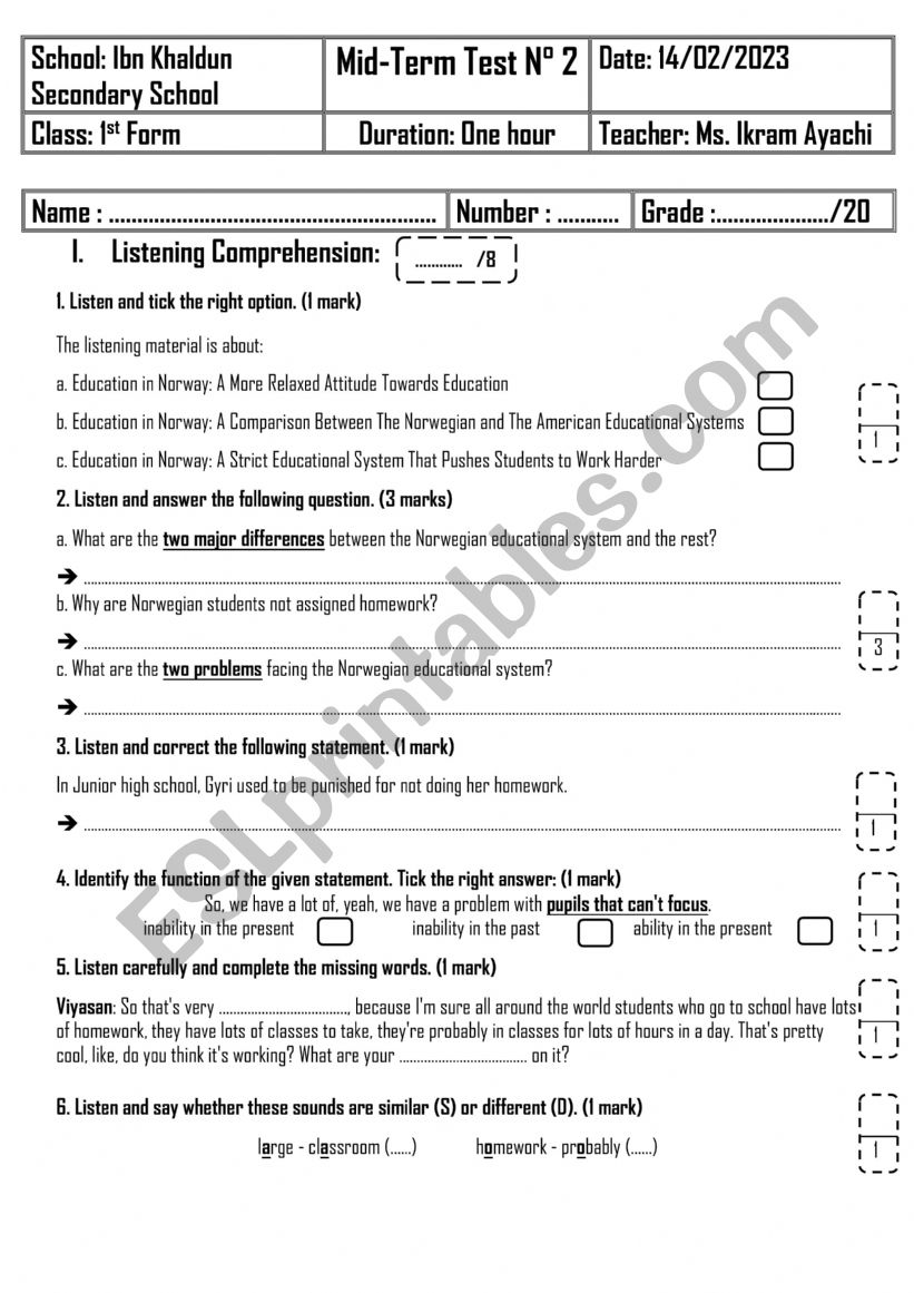 St Form Mid Term Test N Esl Worksheet By English Teacher