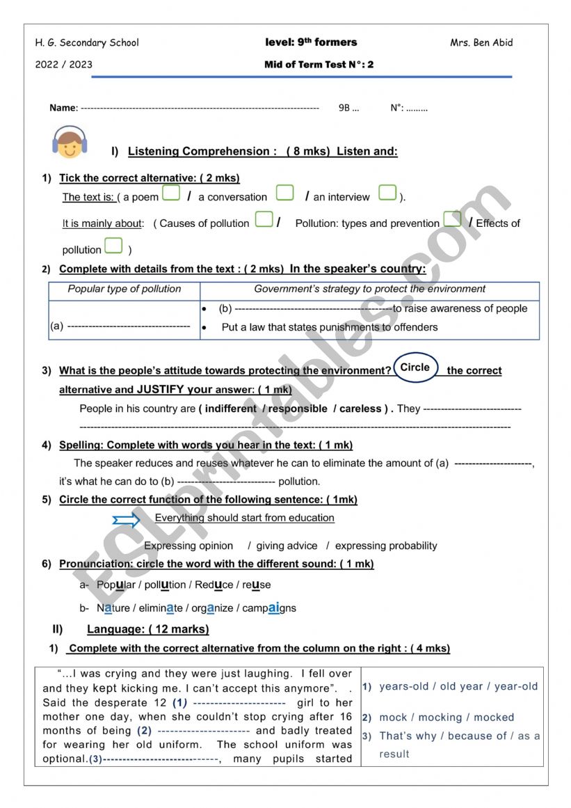 Mid Of Term Test N Th Formers Esl Worksheet By Abid Fedwa