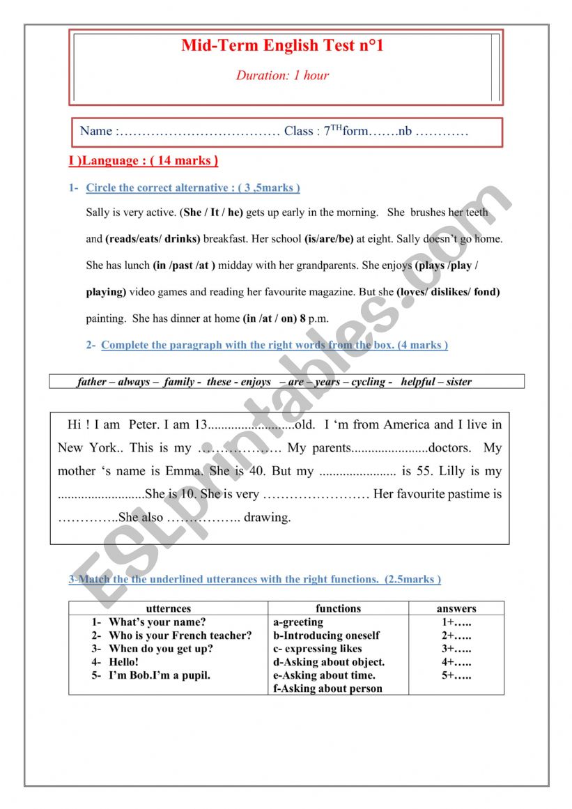 Mid Term Test N Esl Worksheet By Assilos