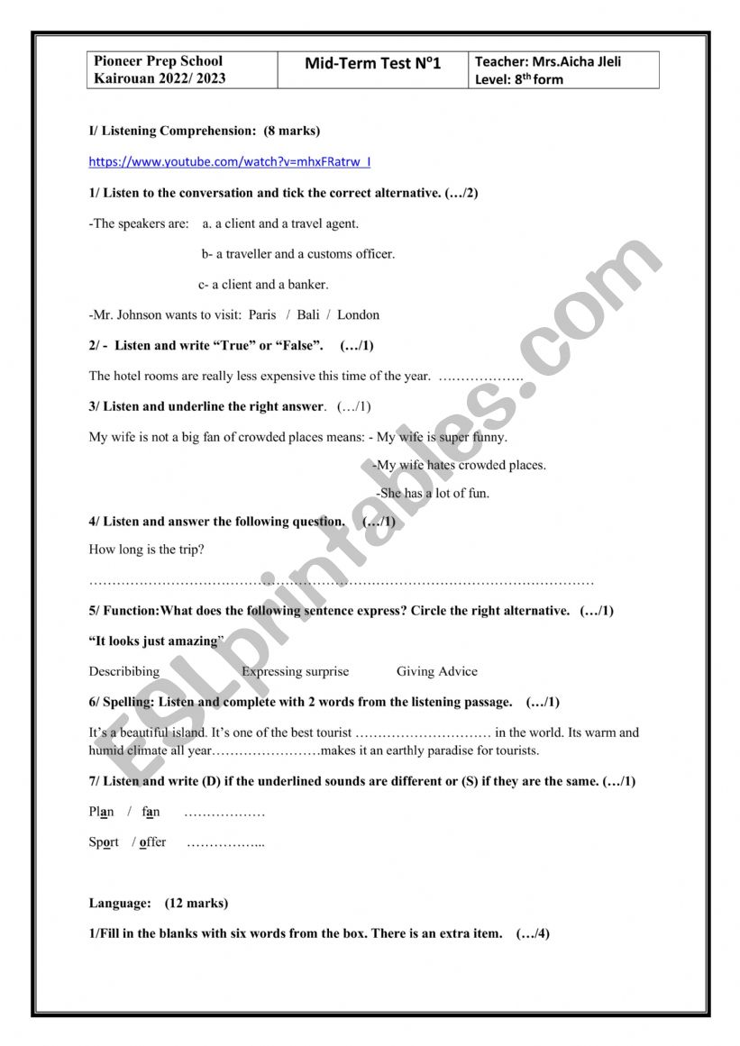 Mid Term Test N Esl Worksheet By Aycha