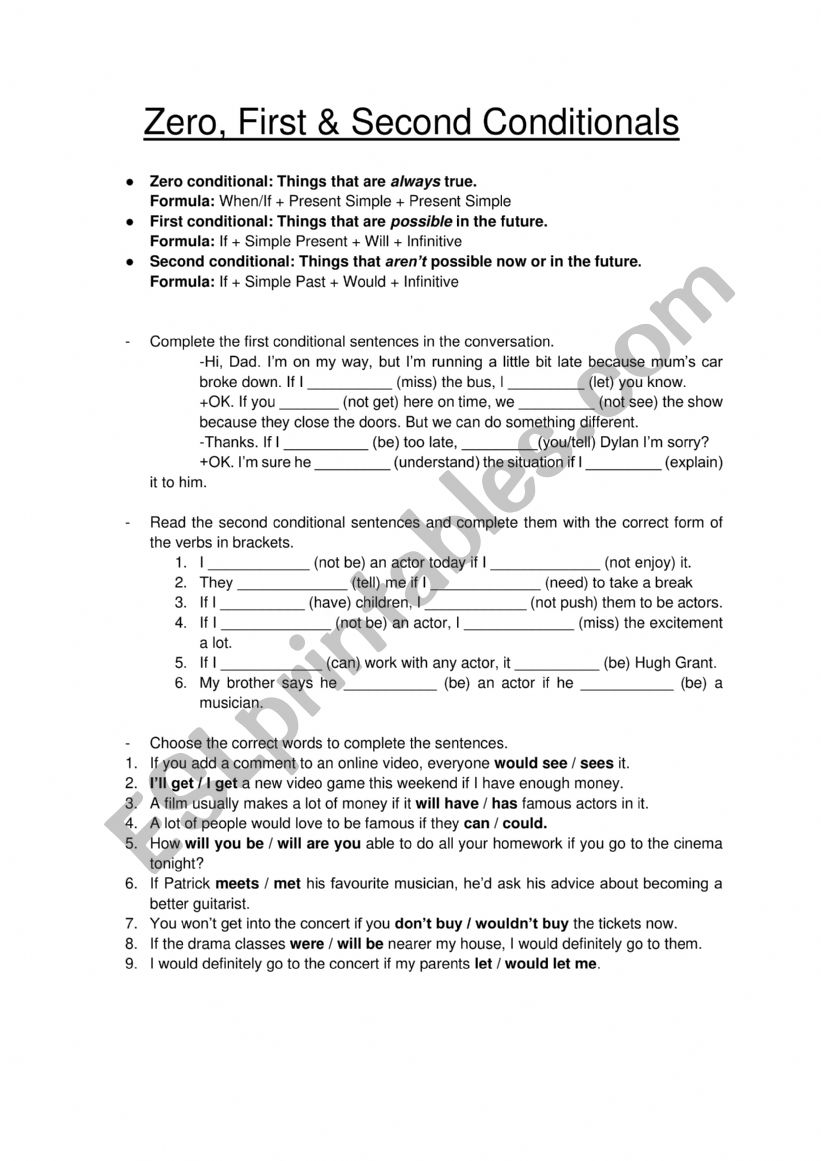 Zero First And Second Conditionals Practice Esl Worksheet By