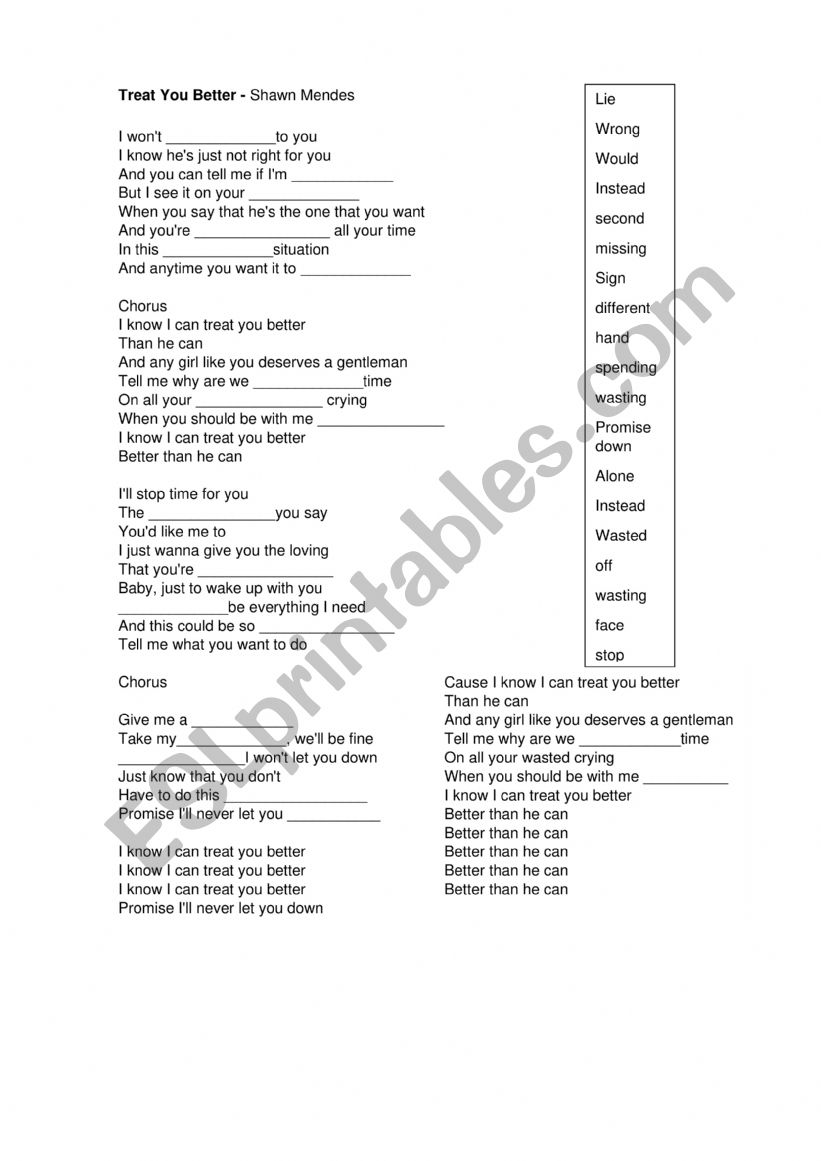 Treat You Better Shawn Mendes Esl Worksheet By Gentileza