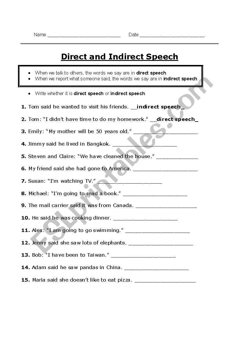 Direct And Indirect Speech ESL Worksheet By JewellS