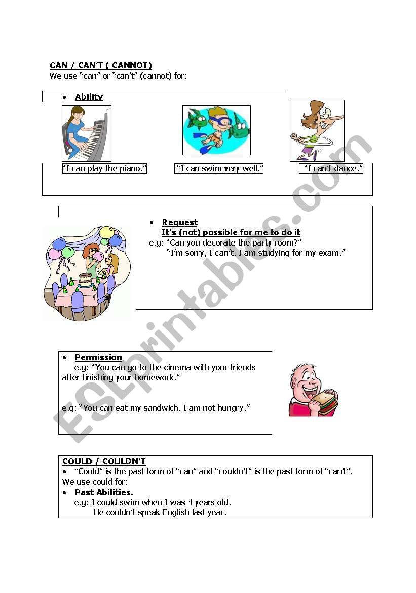 English Worksheets Can Cant Vs Could Couldnt