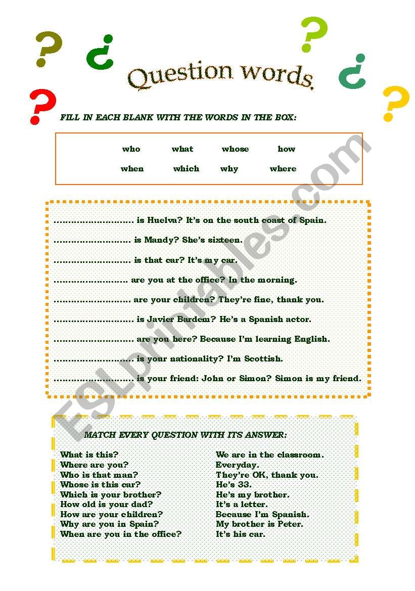 Spanish Question Words Worksheet Ivuyteq