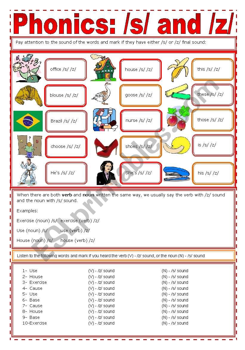 English Worksheets Phonics s z 