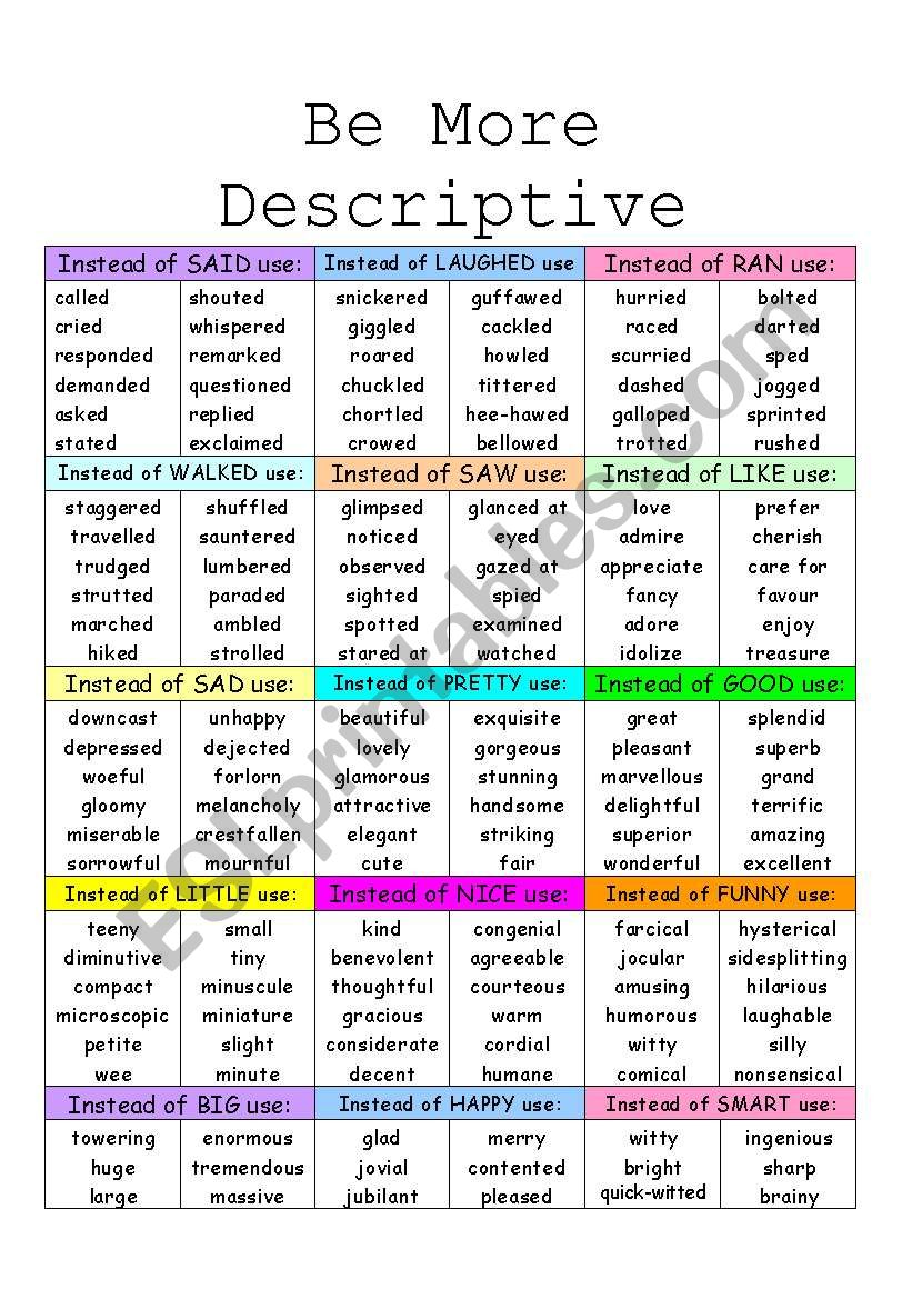 Descriptive Words Worksheet