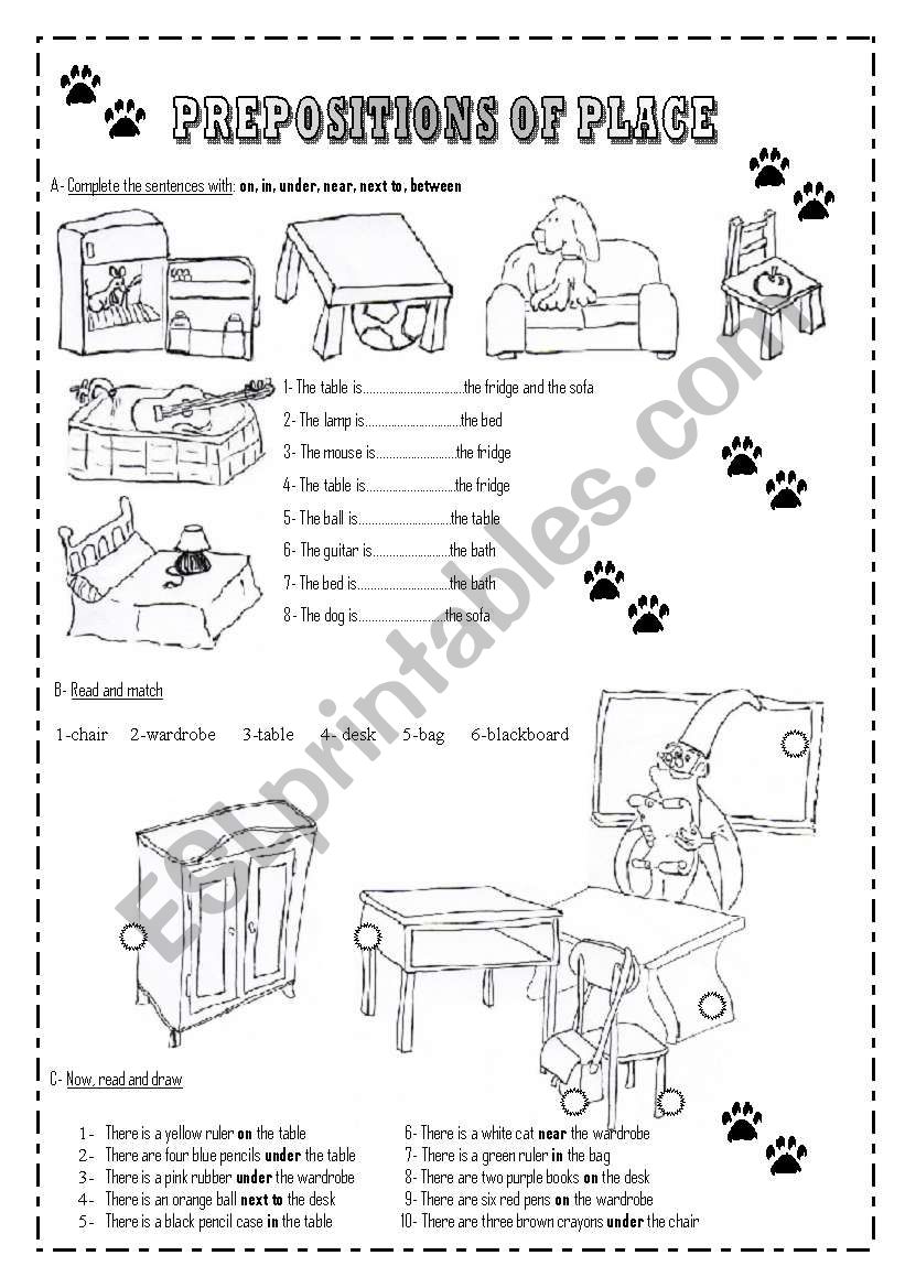 English Worksheets Prepositions Of Place