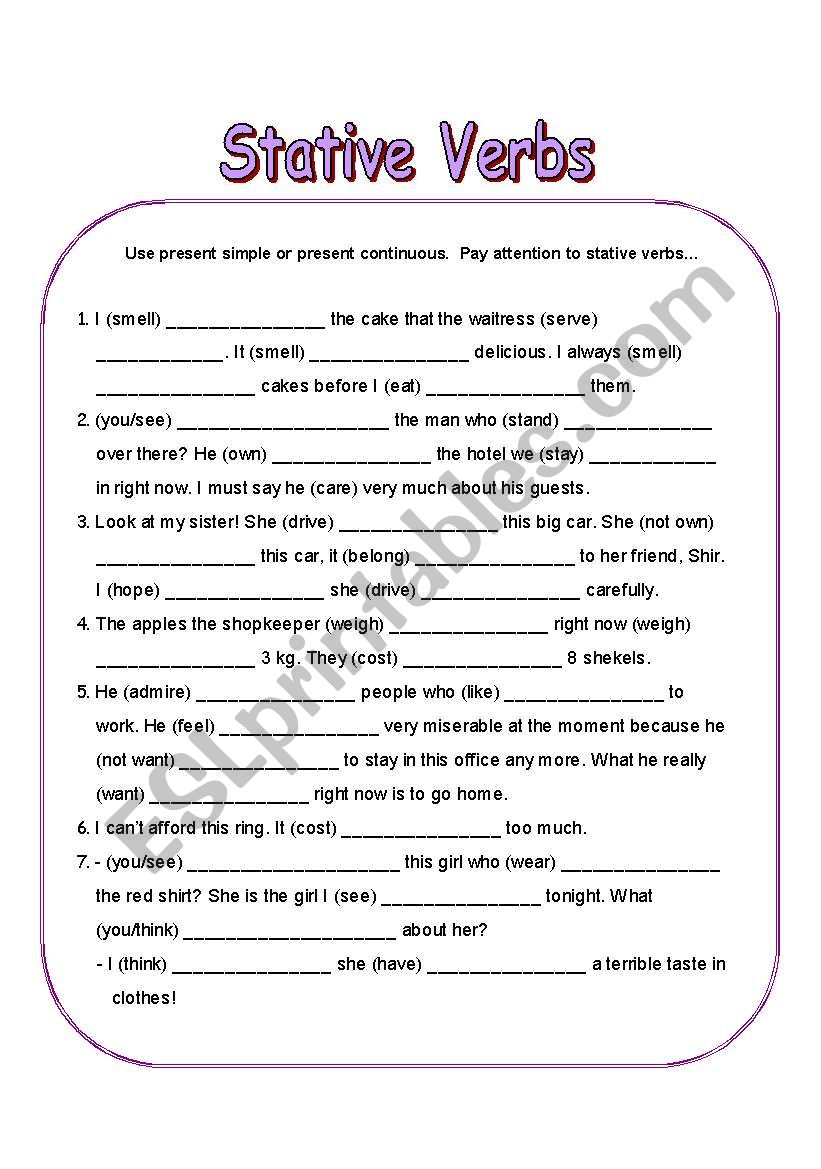 Stative Verbs ESL Worksheet By Sharon F