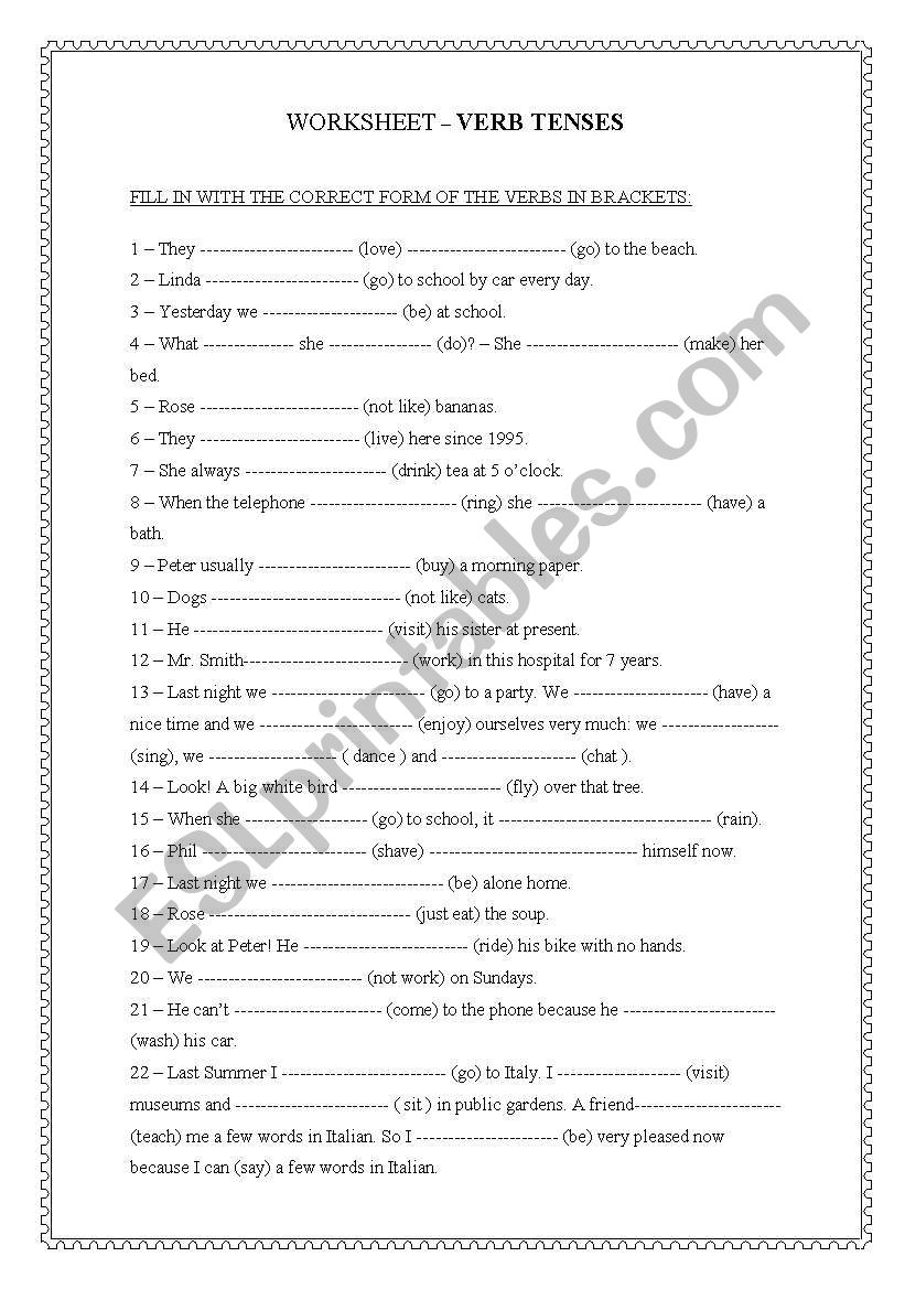 Verb Tenses Worksheets Printable