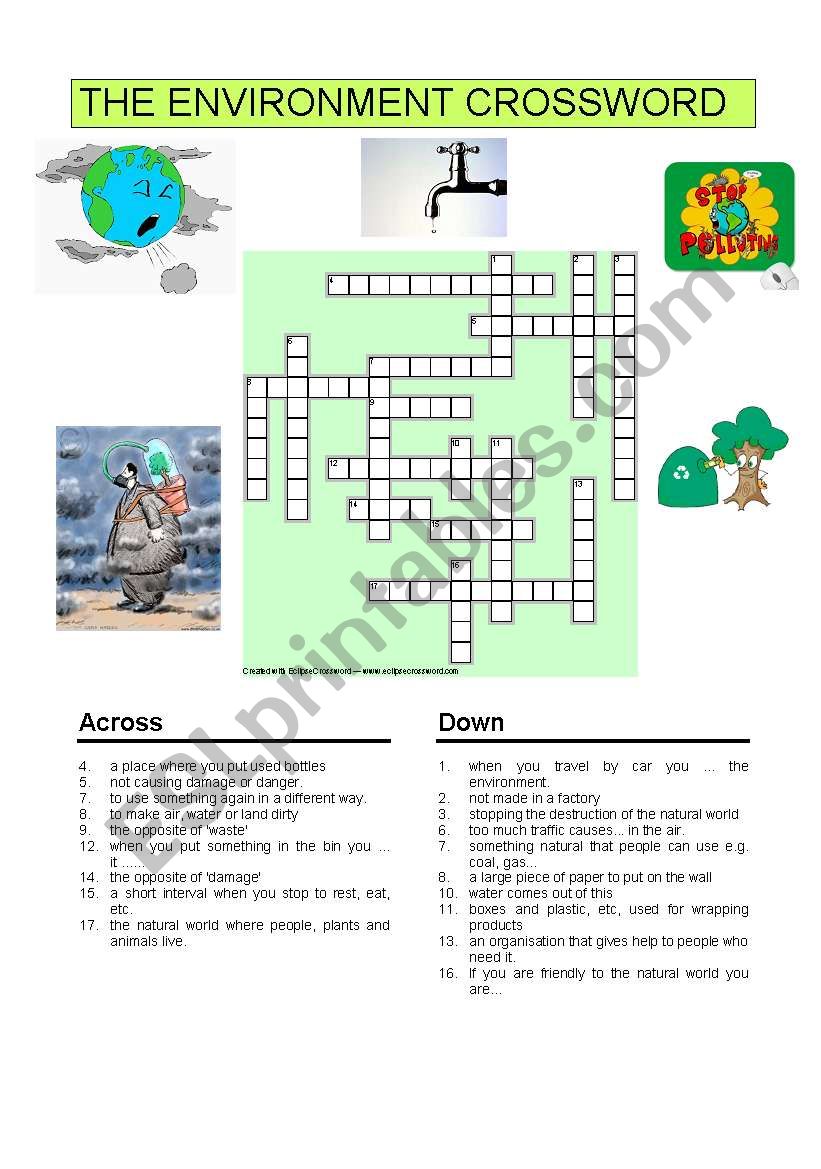 English worksheets: THE ENVIRONMENT CROSSWORD