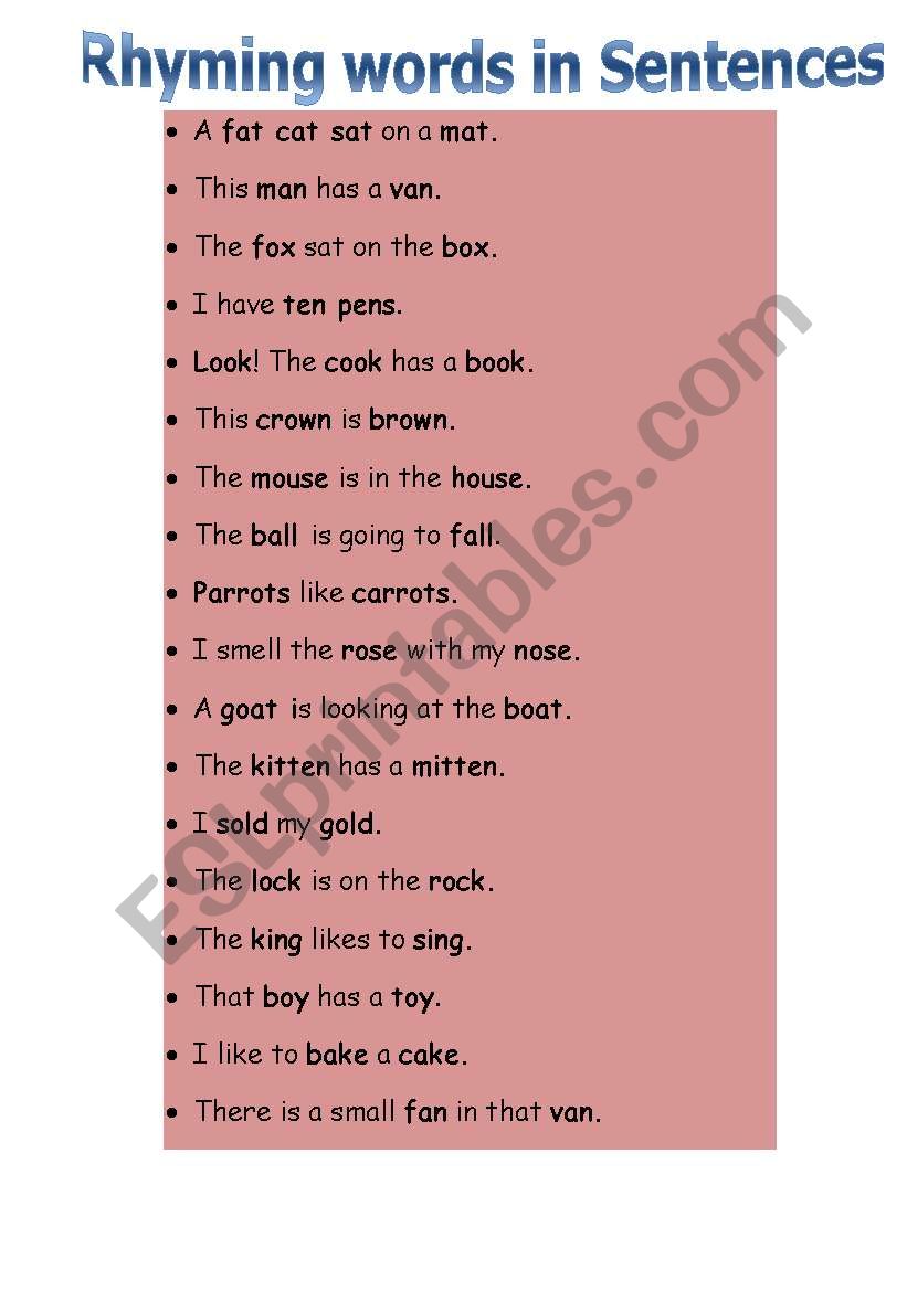 English Worksheets Rhyming Words In Sentences