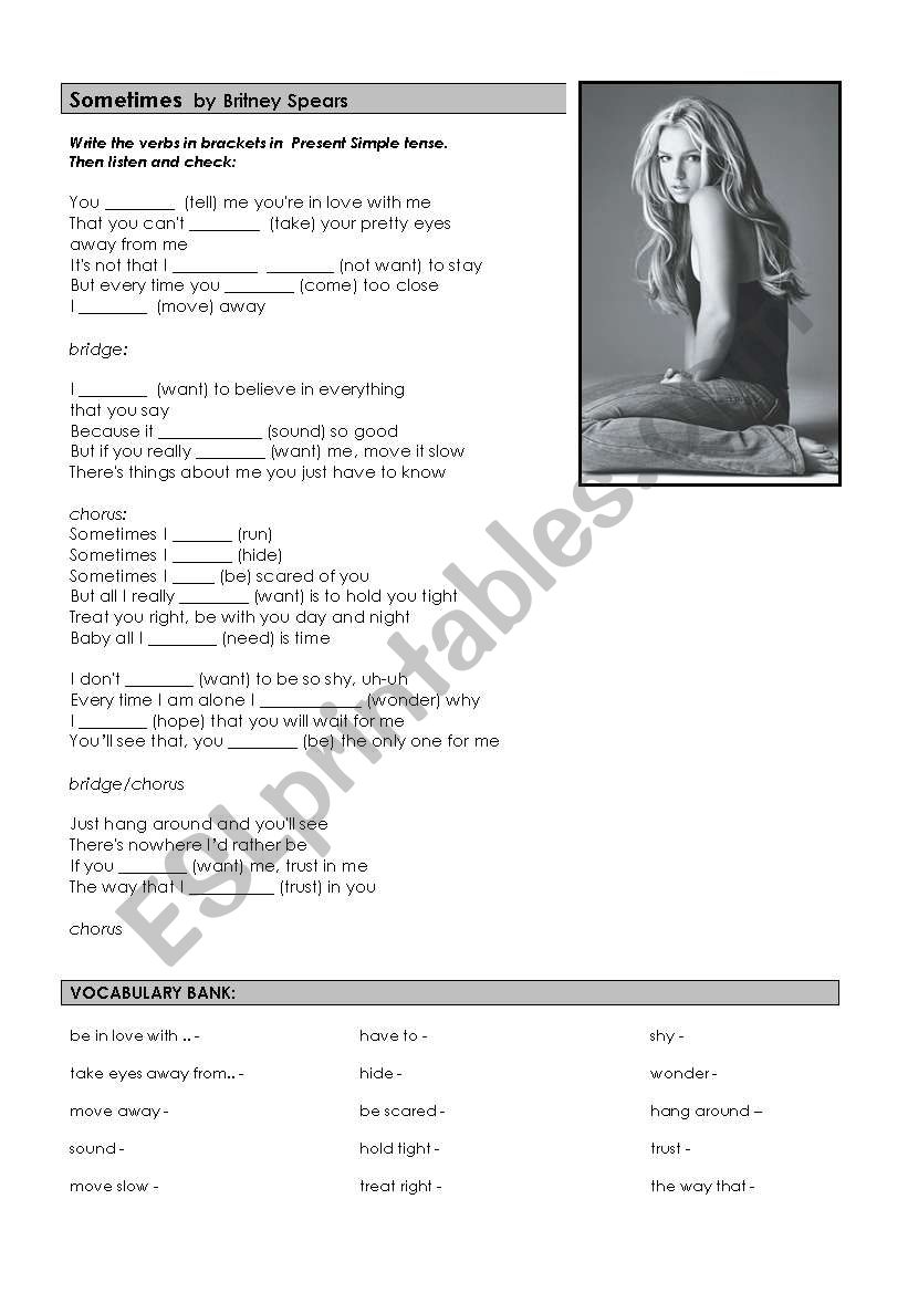 Britneys Song Sometimes Present Simple Very Easy ESL Worksheet