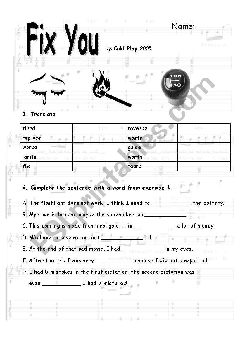 Song Fix You By Coldplay ESL Worksheet By MarionG