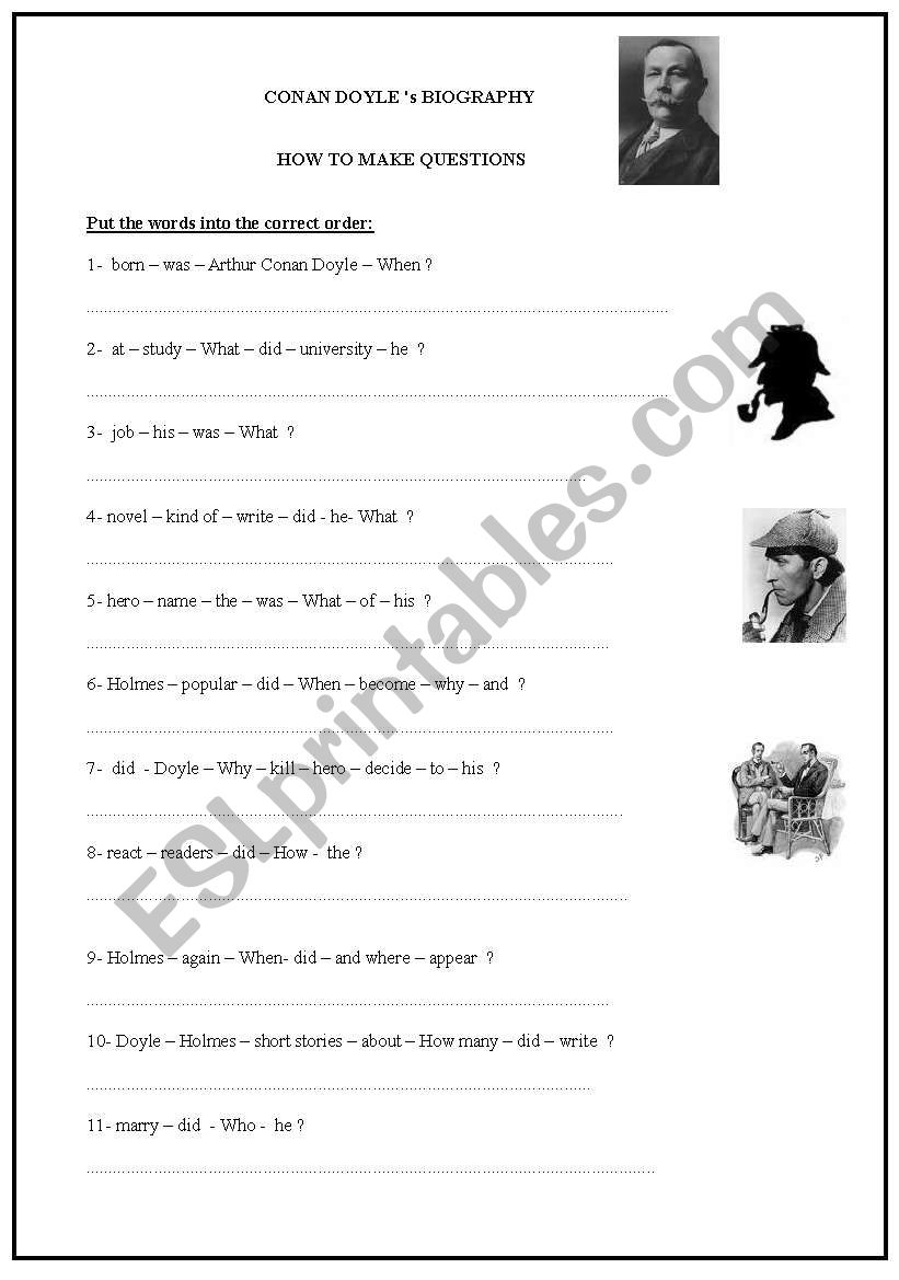 English Worksheets Questions On Conan Doyles Biography