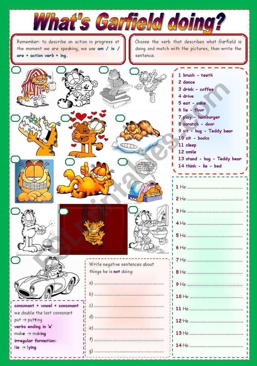 Whats Garfield Doing Present Continuous Fully Editable Esl