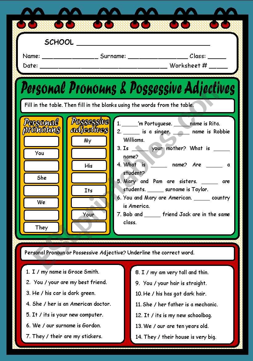 Pronouns Possessive Worksheet