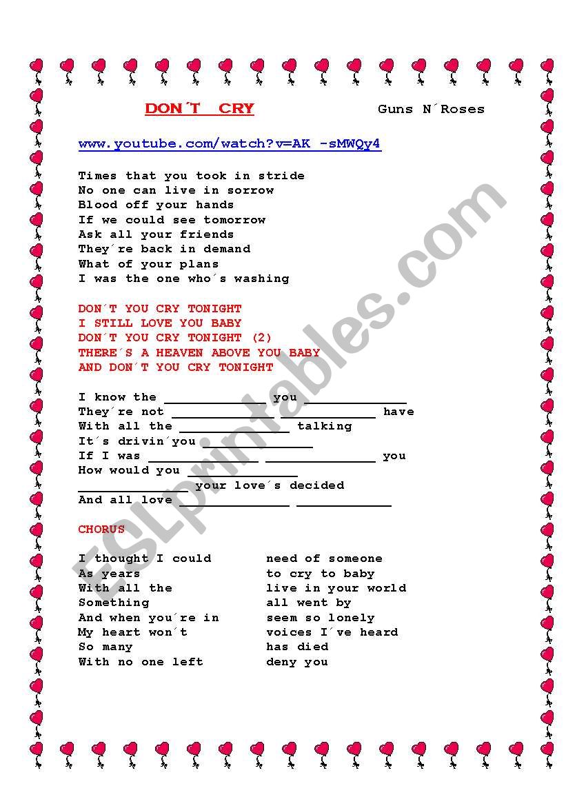 English Worksheets Dont Cry By Guns N Roses