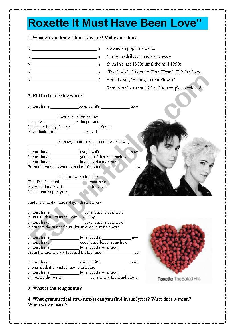 Roxette It Must Have Been Love Esl Worksheet By Pawag