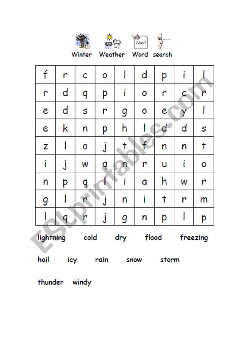 English Worksheets Winter Weather Word Search