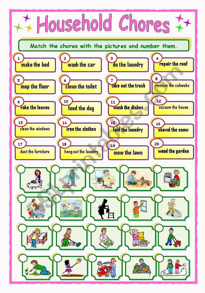 English Worksheets Household Chores Matching 3 3 