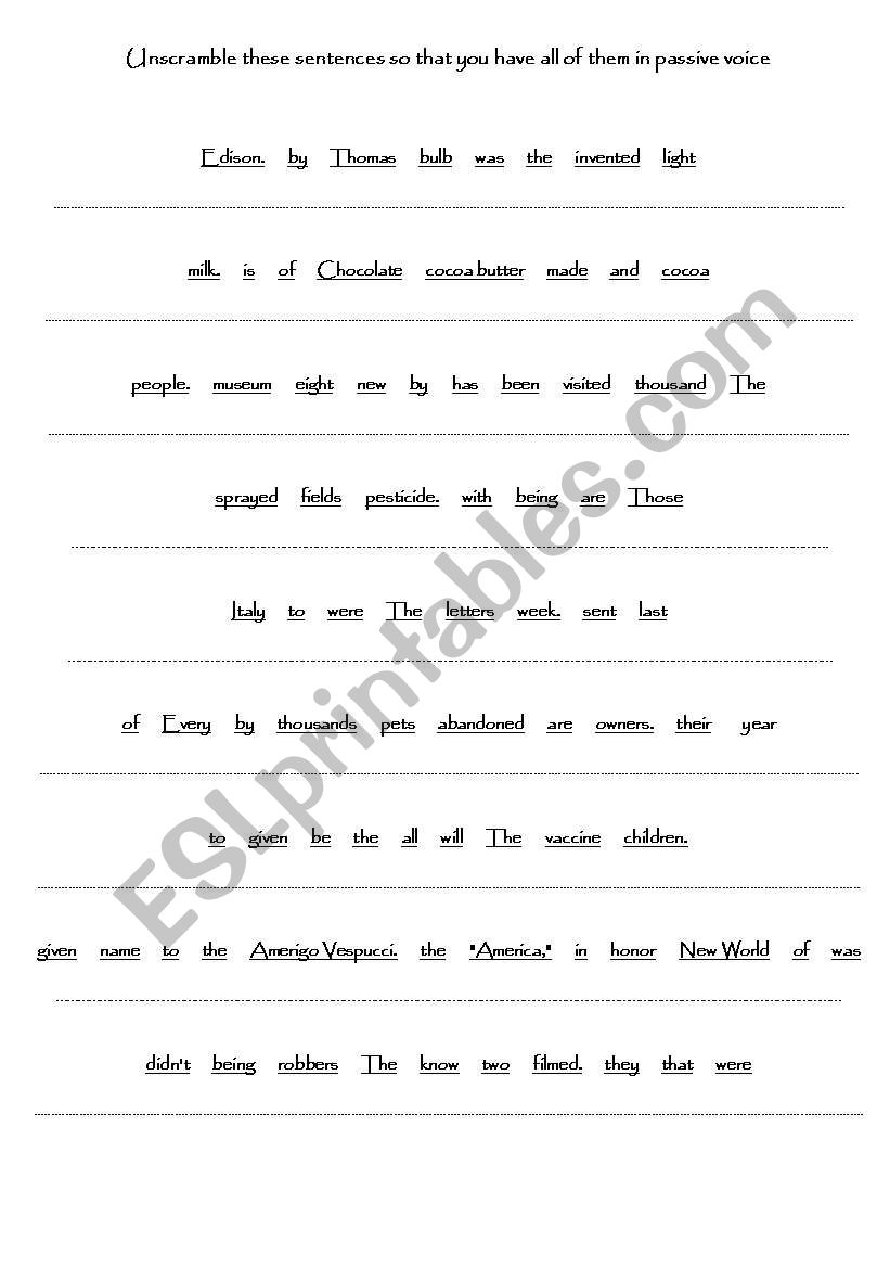 Unscramble Passive Voice Sentences ESL Worksheet By Teacher sandro