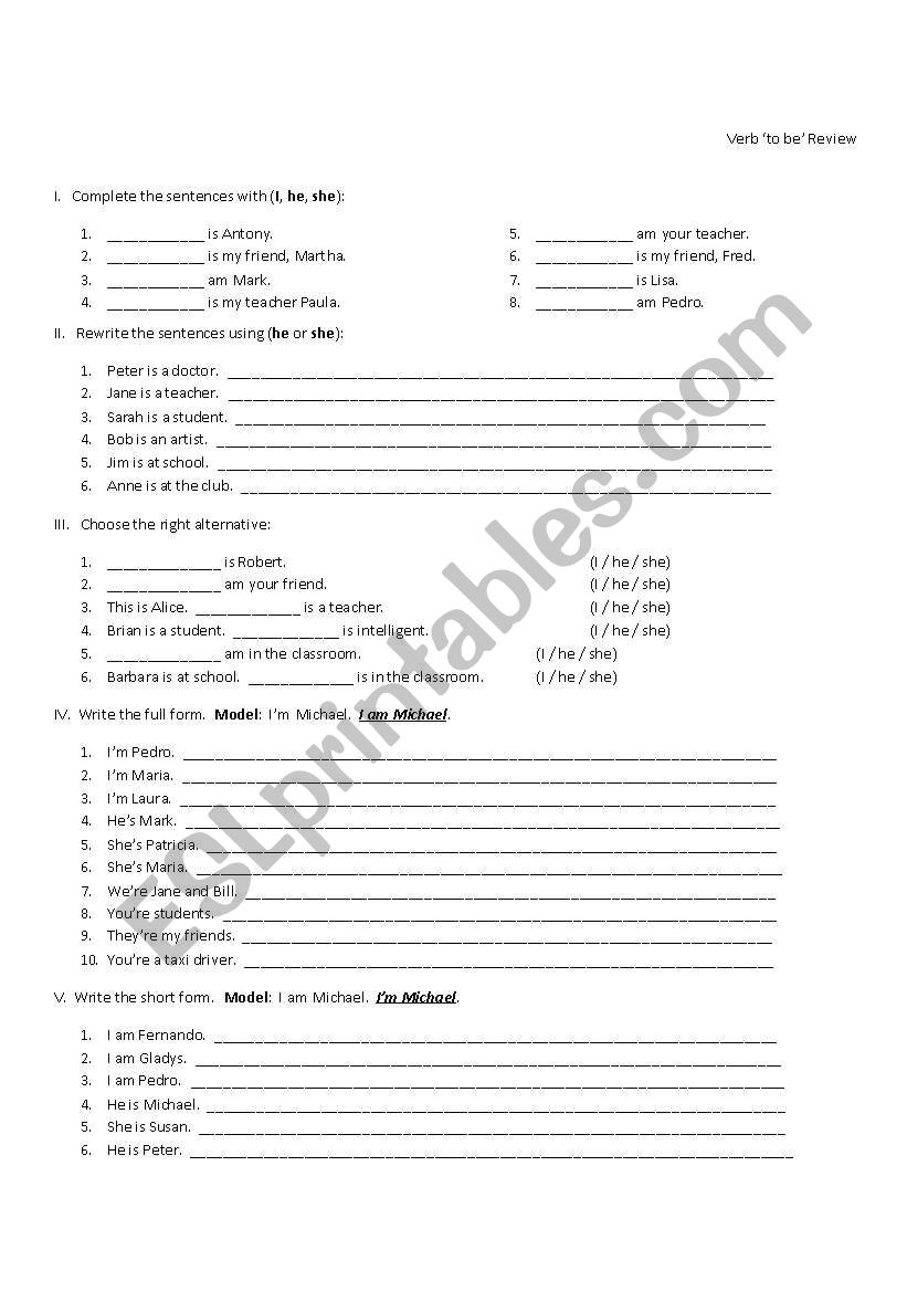 English Worksheets Verb To Be Practice