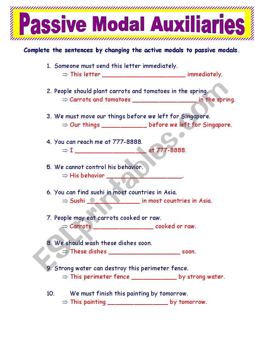 English Worksheets Passive Modal Auxiliaries