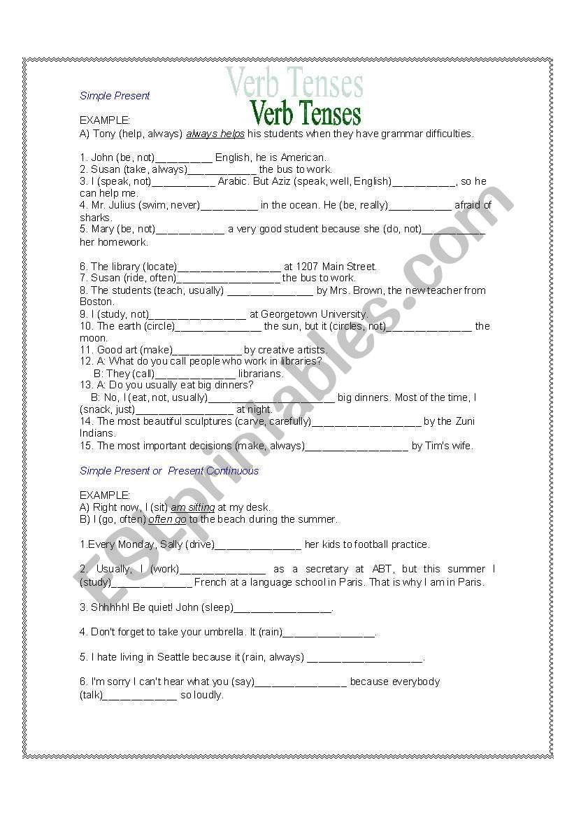 Verb Tenses Worksheets Printable